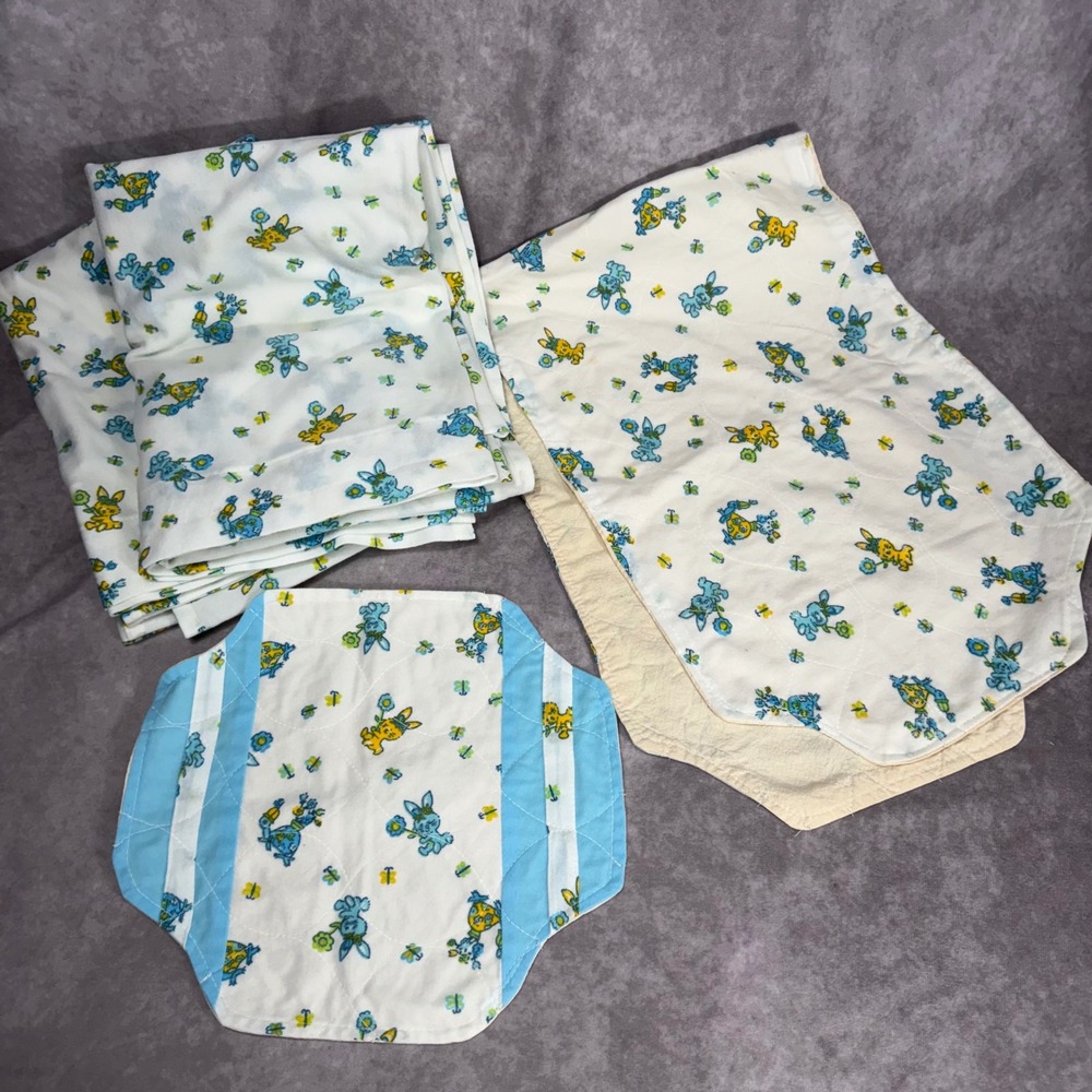 Vtg Baby Nursery Set Bunny Turtle Butterfly 5pc Quilted Pad Curtains Burp Cloth